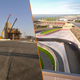 A split screen of the construction in Jeddah versus the renders of the site